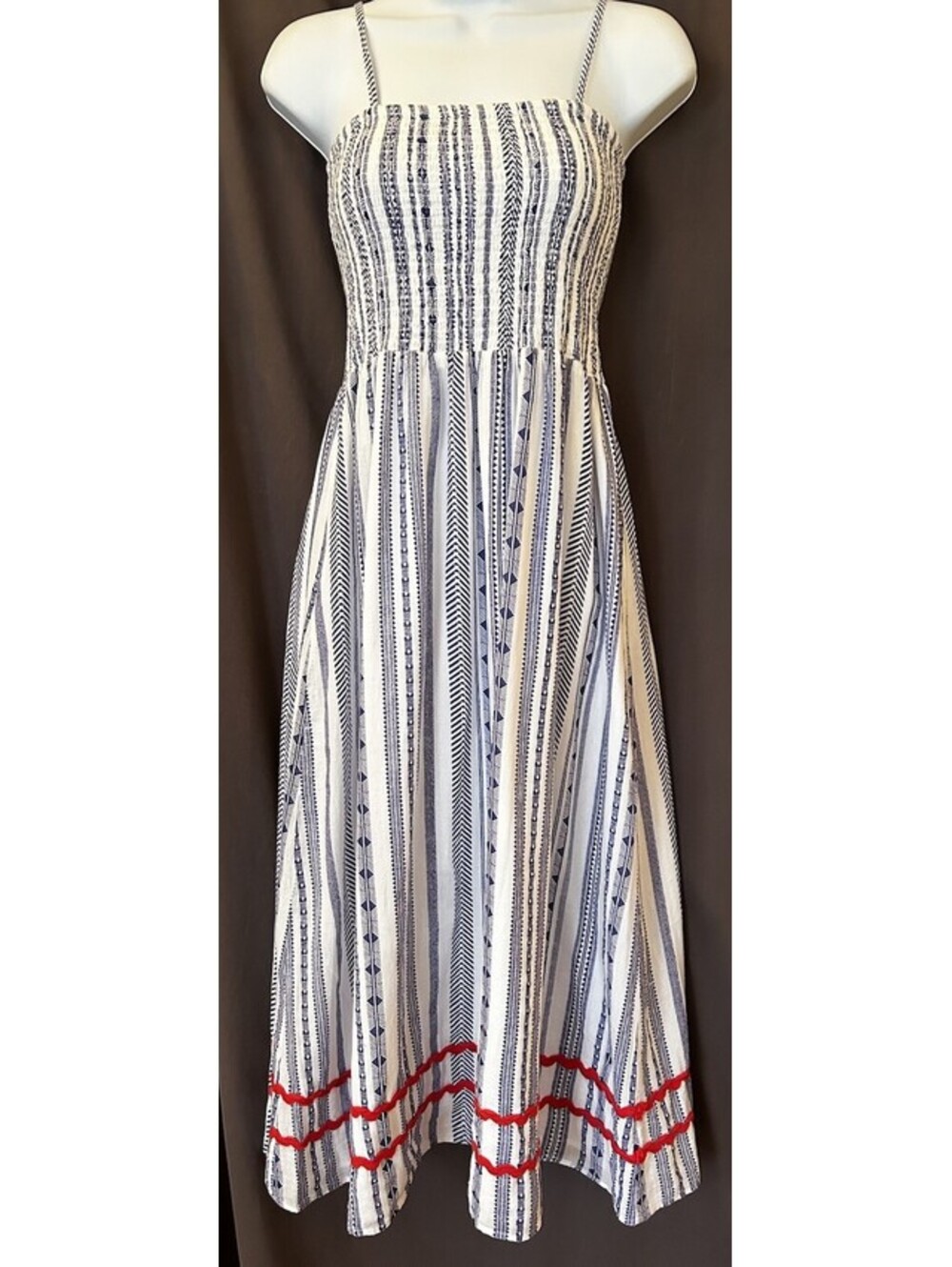 Sail To Sable 100% Cotton Blue White Nautical Beach Smocked Maxi Sundress SZ XS